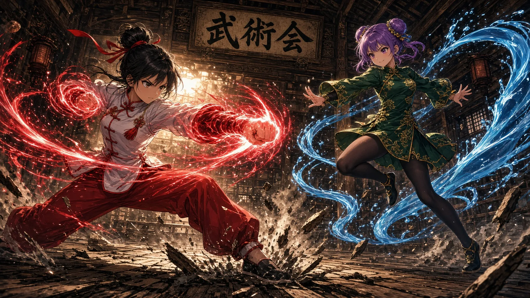 Two anime girls martial-arts dueling in a wooden dojo with red energy slashes and blue water trails under a kanji sign