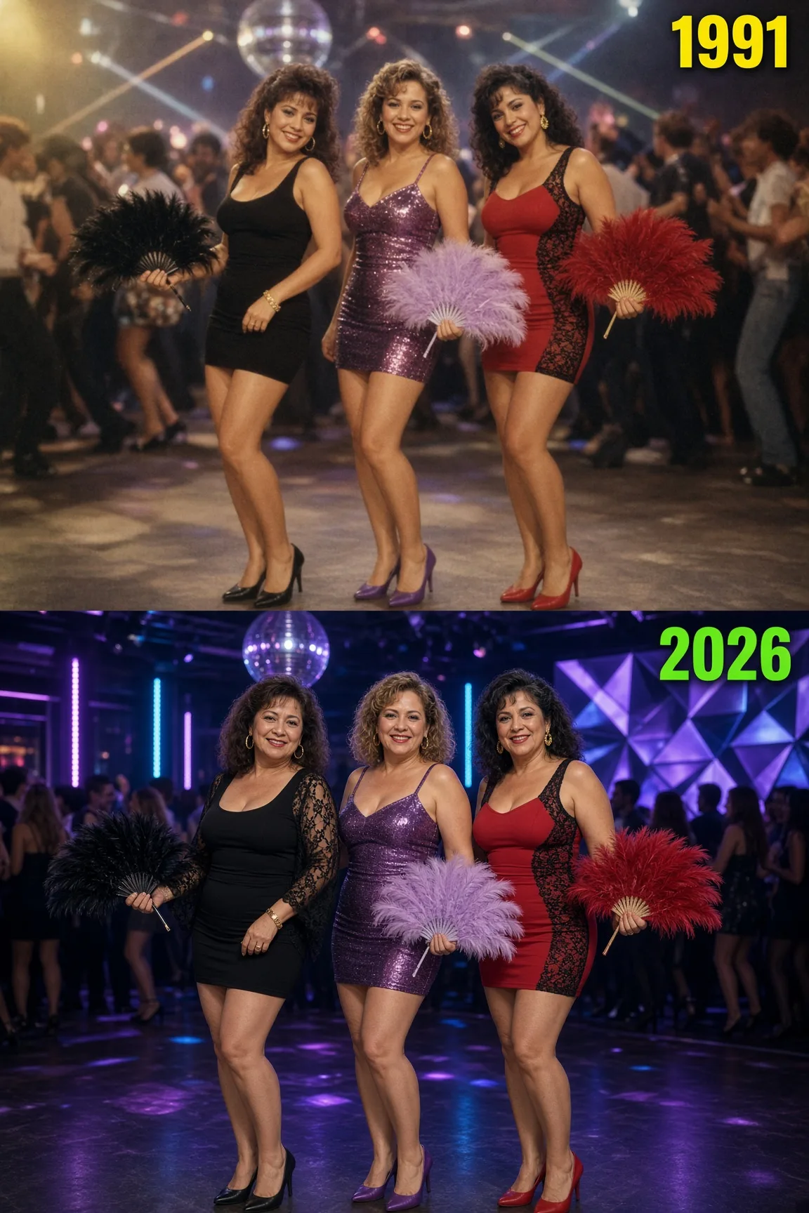 Three women in matching disco outfits shown twice, young in 1991 on top and older in 2026 below, with year labels in each corner