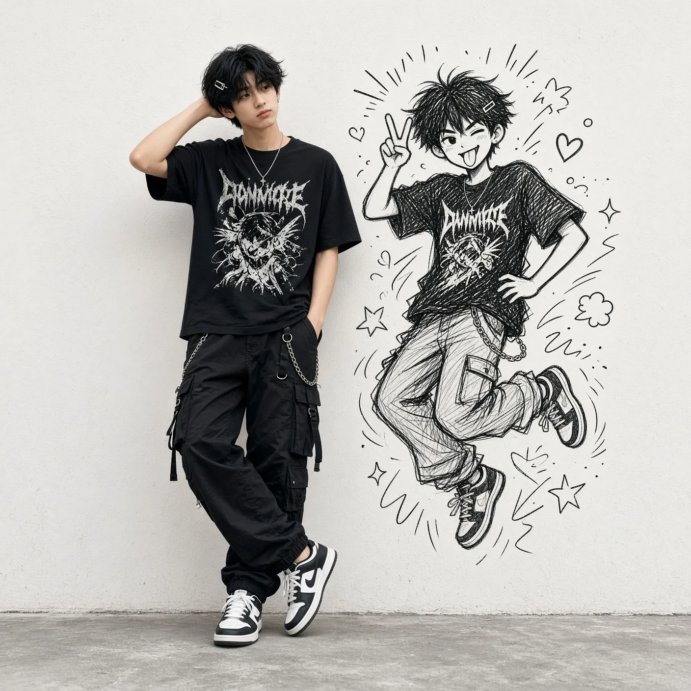 A young person in a graphic T-shirt and cargo pants leaning on a wall next to a black hand-drawn doodle version of themselves