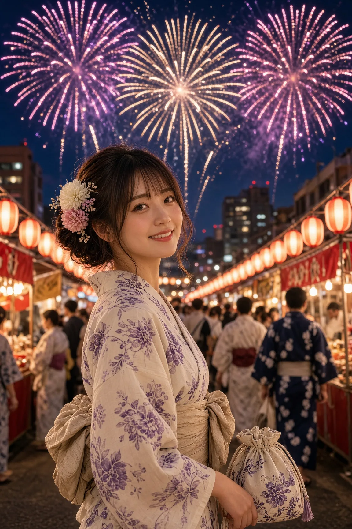 Japanese woman in a cream yukata looking back at the camera on a lantern-lit festival street with fireworks above
