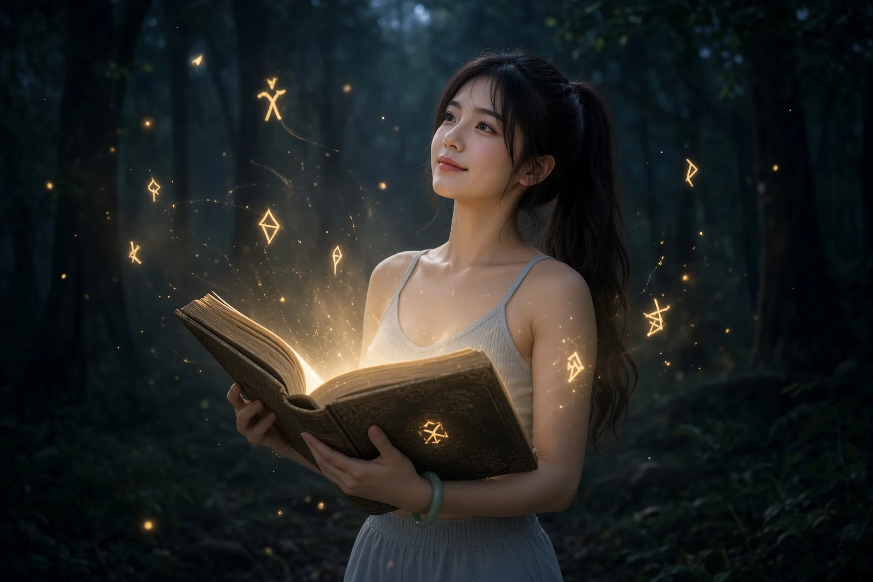 Person standing in a dark night forest holding an open ancient book glowing with golden light and floating runes