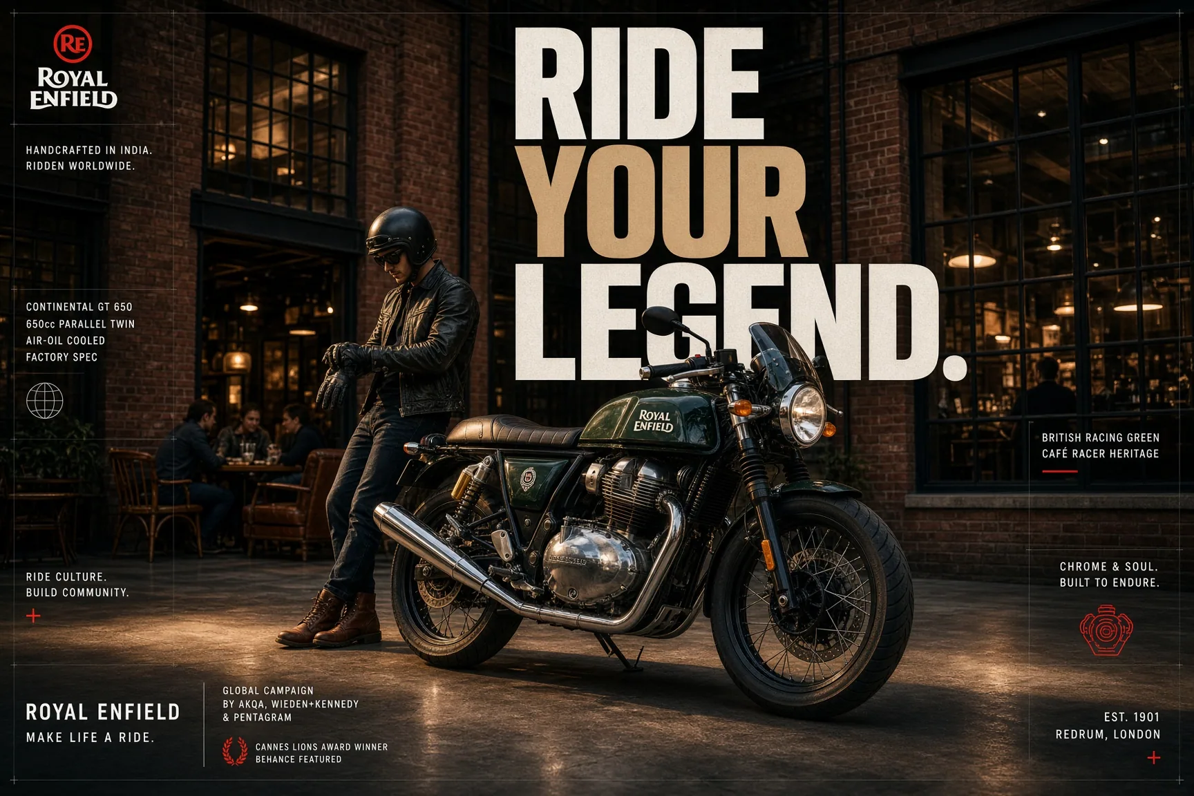 Green cafe racer motorcycle and rider outside a brick workshop beneath large campaign typography
