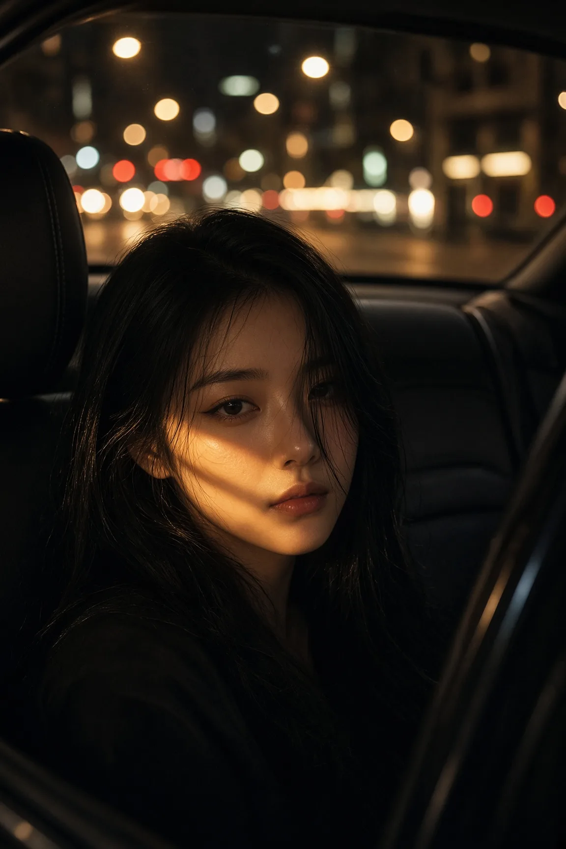 Young woman with glossy black hair in the back seat of a dark car at night, warm street-light bands across her face and blurred city bokeh behind