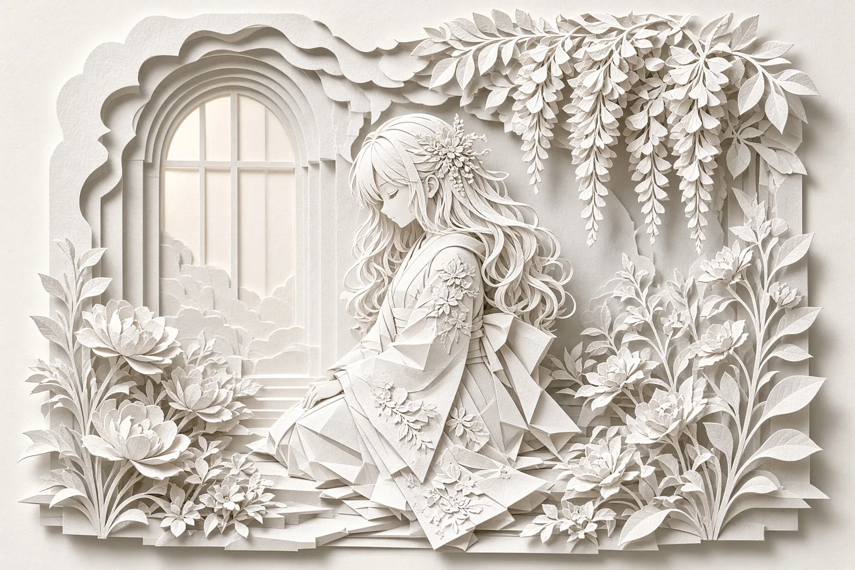 Intricate white layered paper artwork of a kimono-clad woman surrounded by flowers and hanging leaves
