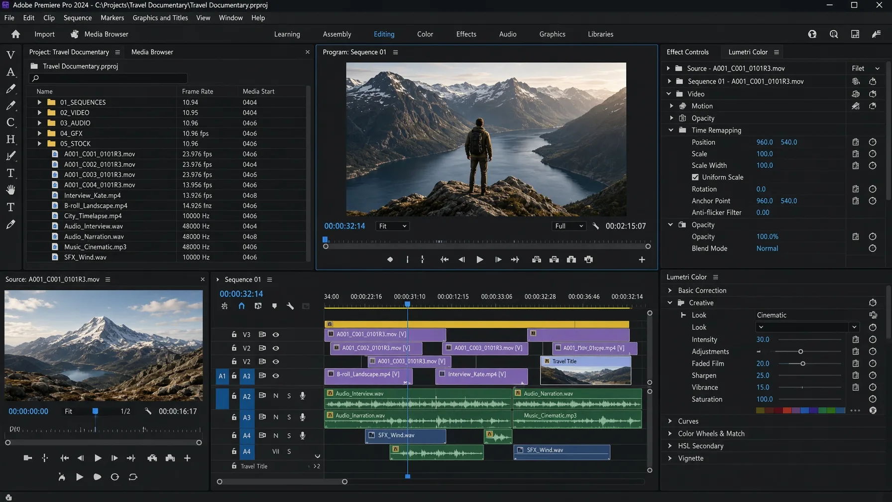 Realistic Adobe Premiere-style desktop screenshot with timeline, media panels, and program monitor