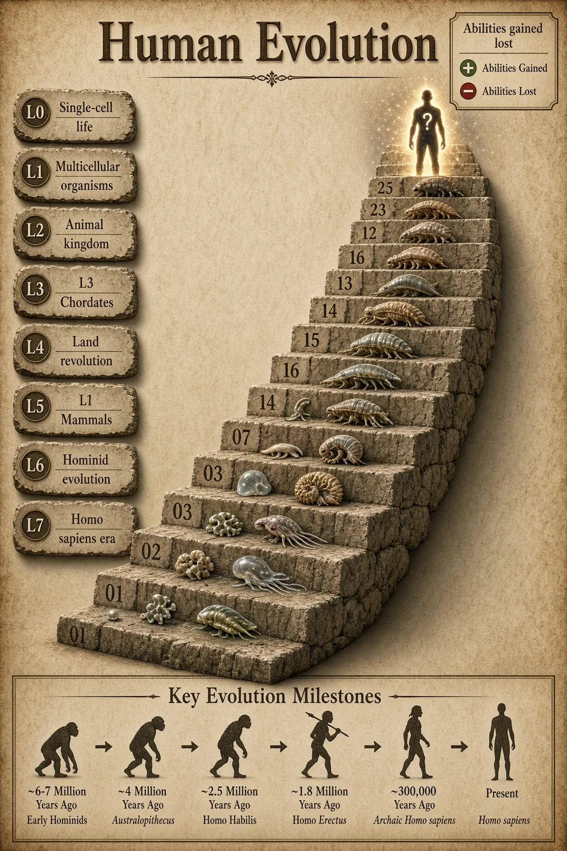 Infographic of a winding stone staircase with 25 numbered steps showing evolving creatures from single cells to humans on parchment