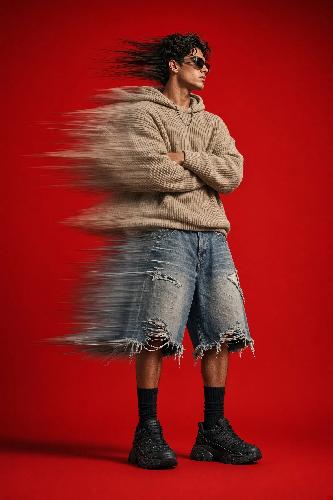 Young man in a beige hoodie and dark sunglasses against a red studio background, his left side stretched into flowing translucent motion trails