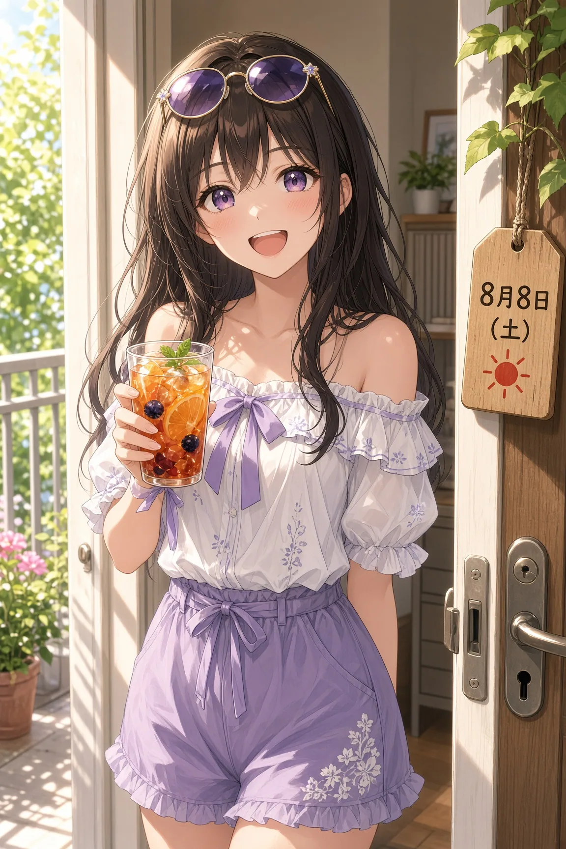 Anime woman holding iced fruit tea in a sunlit doorway beside a wooden August 8 date sign