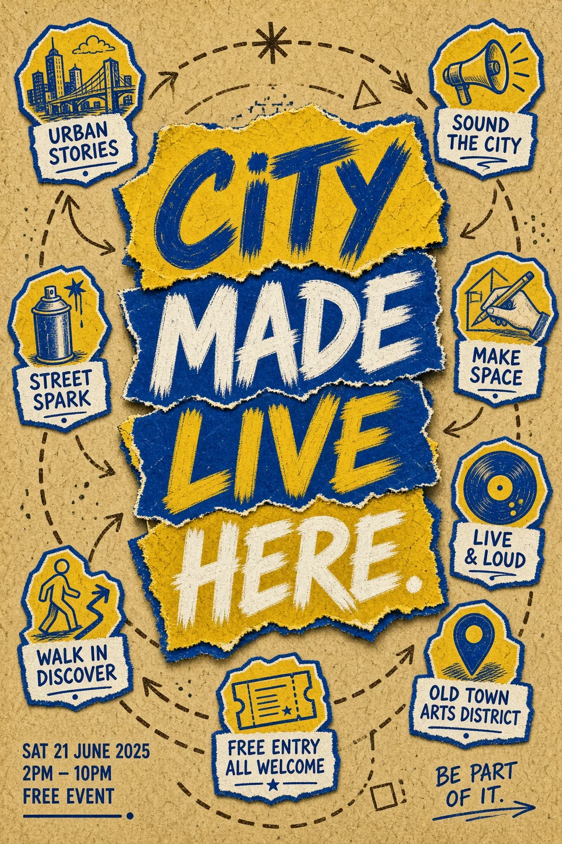 Event poster with oversized torn-paper brush lettering, blue-outlined sticker badges, and yellow fills on aged ochre paper