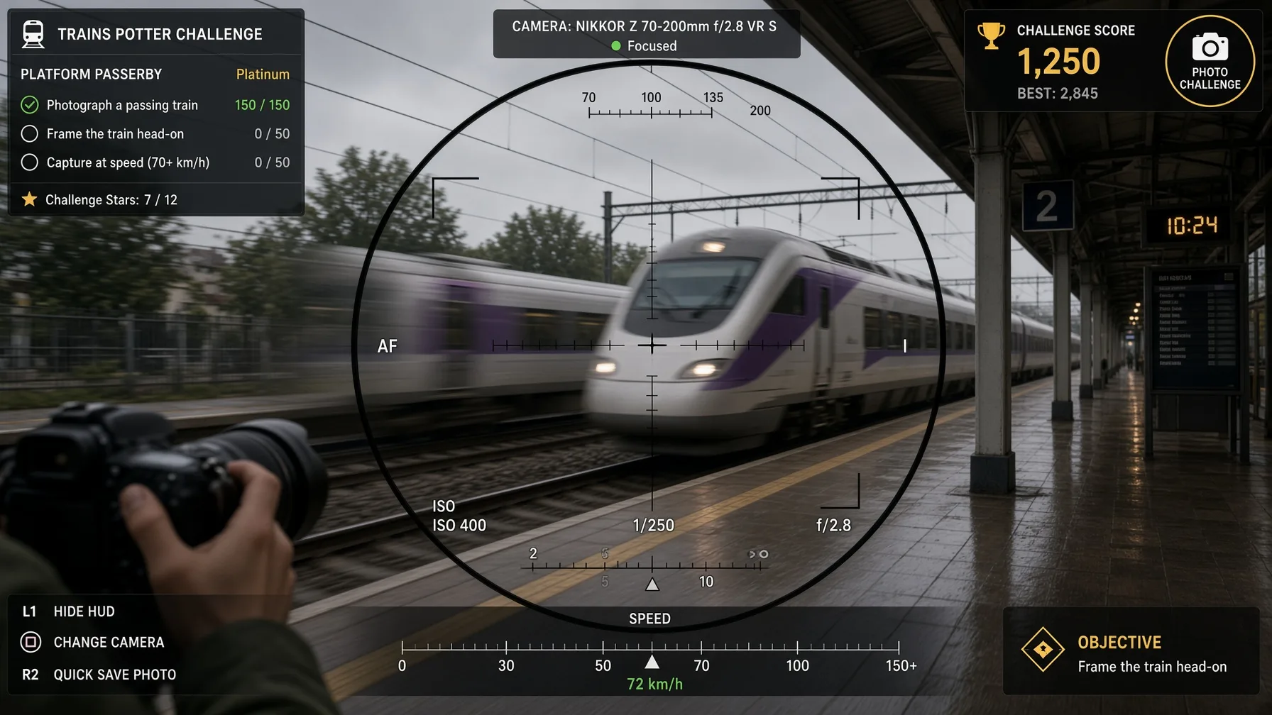 Video game screenshot of a train arriving at a platform through an in-game camera viewfinder with HUD elements