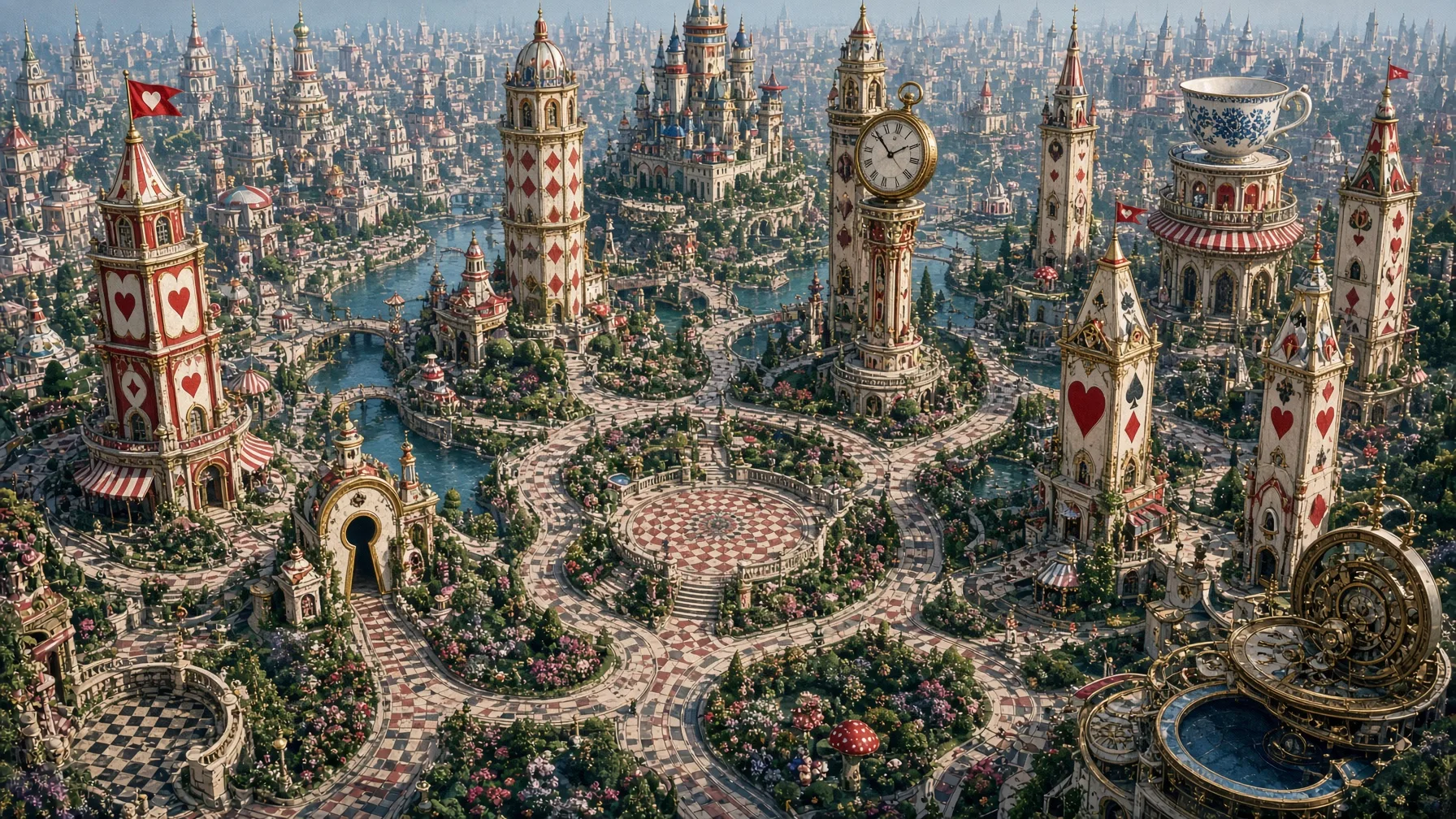 Aerial view of a fantasy downtown with card-suit towers, checkerboard plazas, and teacup rooftops in storybook colors
